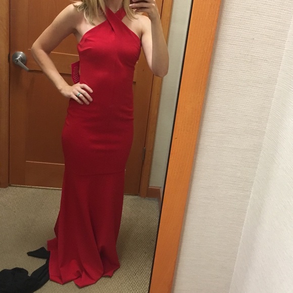 Betsy & Adam Criss Cross Halter Evening Gown - Picture 4 of 8